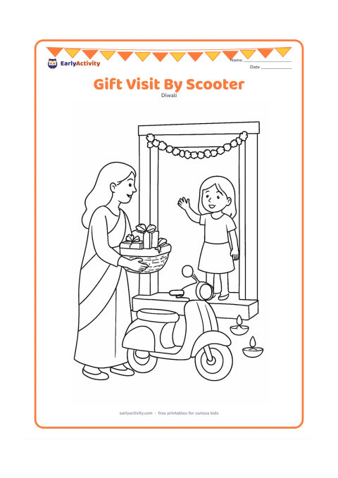 Colouring page: Draw an adult arriving at a relative's home with a basket of Diwali gifts beside a parked scooter. Show a welcoming doorway, two diyas, a flower garland and a child waving from the entrance.