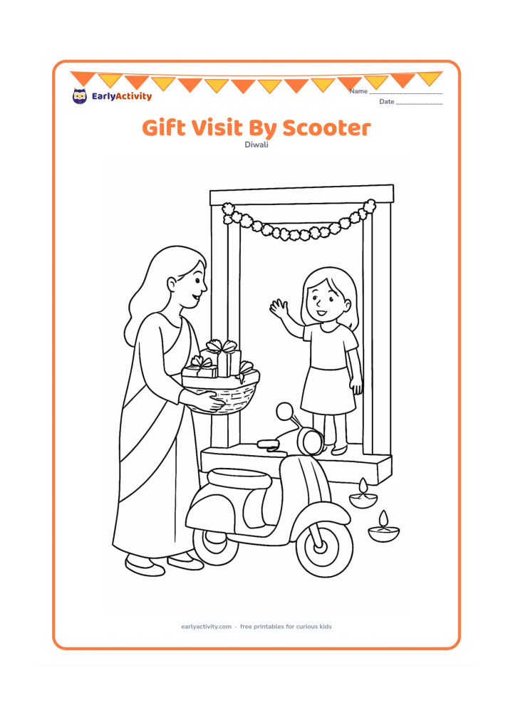 Colouring page: Draw an adult arriving at a relative's home with a basket of Diwali gifts beside a parked scooter. Show a welcoming doorway, two diyas, a flower garland and a child waving from the entrance.
