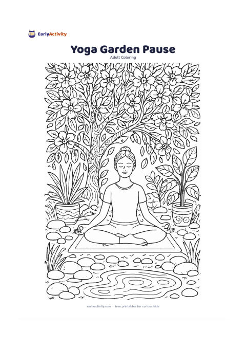 Colouring page: A person sits in a peaceful cross-legged pose on a mat beneath a flowering tree, surrounded by smooth stones, potted plants, grasses and a small pond. Arrange the mat, leaves, stones,…