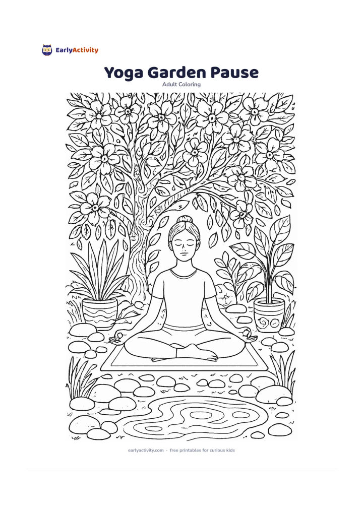 Colouring page: A person sits in a peaceful cross-legged pose on a mat beneath a flowering tree, surrounded by smooth stones, potted plants, grasses and a small pond. Arrange the mat, leaves, stones,…