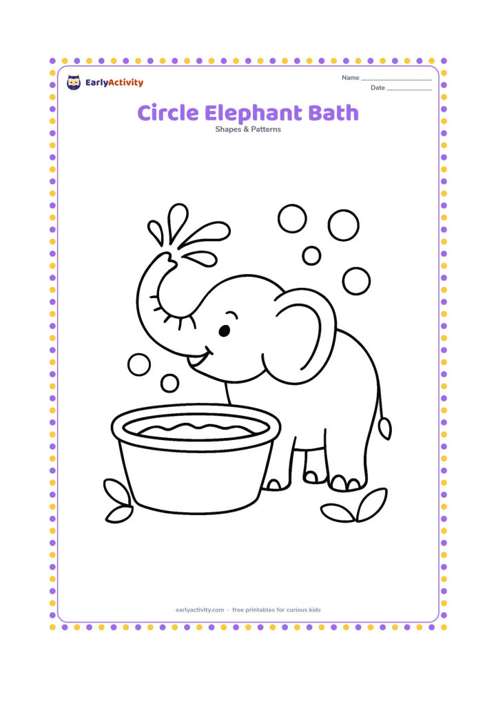 Colouring page: Draw a cheerful elephant spraying water into a large round tub, with circles for bubbles and a few rounded leaves nearby. Show the elephant in side view with a raised trunk.