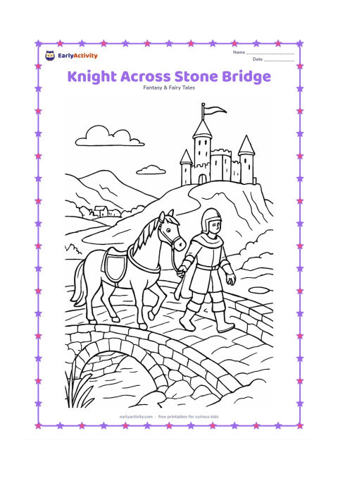 Colouring page: A knight leads a horse across an old stone bridge toward a castle on a hill, with a shield hanging from the saddle. Add a river, reeds, rocky cliffs, a distant village, and a small…