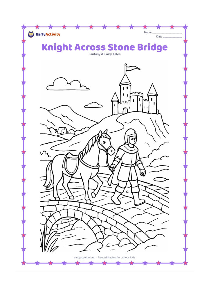 Colouring page: A knight leads a horse across an old stone bridge toward a castle on a hill, with a shield hanging from the saddle. Add a river, reeds, rocky cliffs, a distant village, and a small…