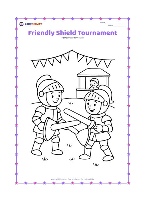 Colouring page: Two smiling knights face each other in a friendly tournament, holding shields and lowered padded practice lances. Add a small viewing stand, bunting with no markings, and a grassy arena.