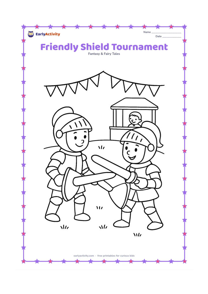 Colouring page: Two smiling knights face each other in a friendly tournament, holding shields and lowered padded practice lances. Add a small viewing stand, bunting with no markings, and a grassy arena.