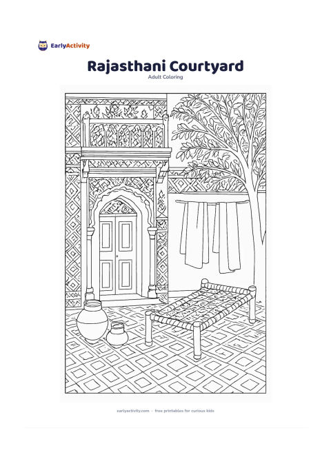 Colouring page: Draw a quiet Rajasthani courtyard with an arched doorway, carved balcony, clay pots, a charpai, a water vessel, hanging fabrics without patterns resembling letters and a leafy desert…
