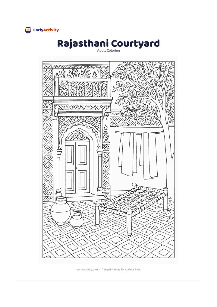 Colouring page: Draw a quiet Rajasthani courtyard with an arched doorway, carved balcony, clay pots, a charpai, a water vessel, hanging fabrics without patterns resembling letters and a leafy desert…