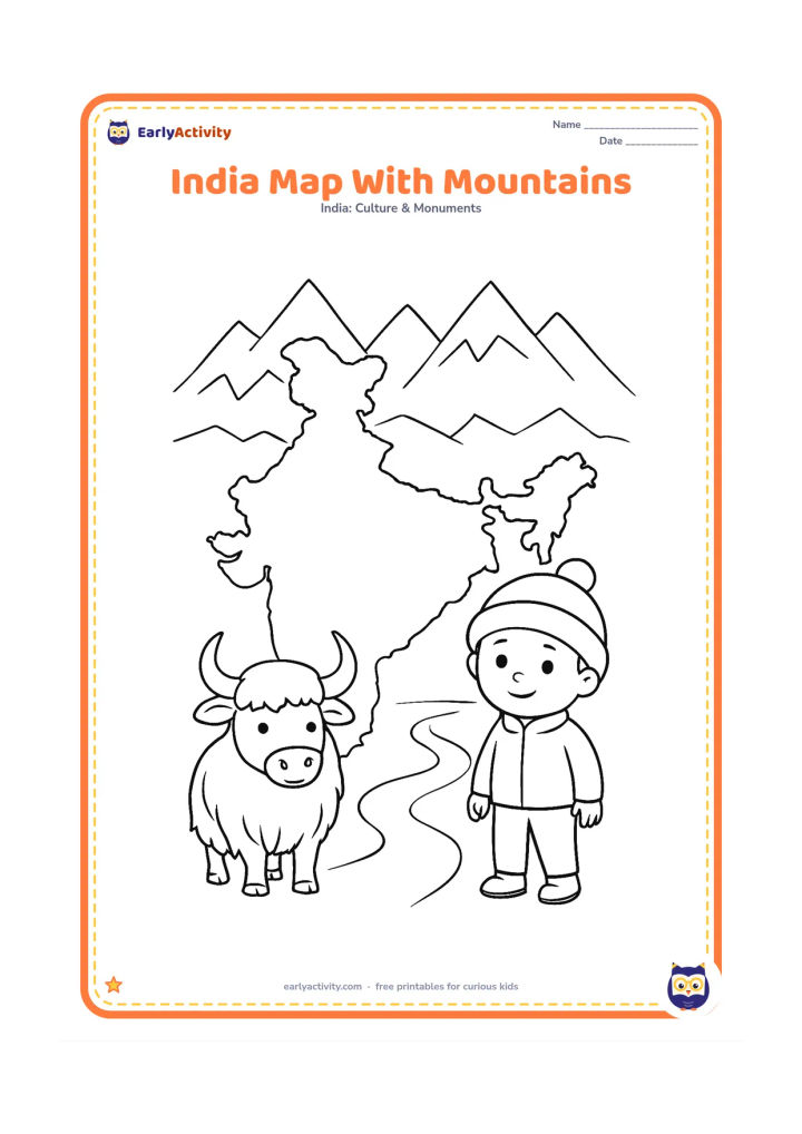 Colouring page: Show an India map with a distinct northern mountain band and a few simple mountain peaks rising behind it. Add a child wearing a warm cap, a yak-like mountain animal, and a small trail…