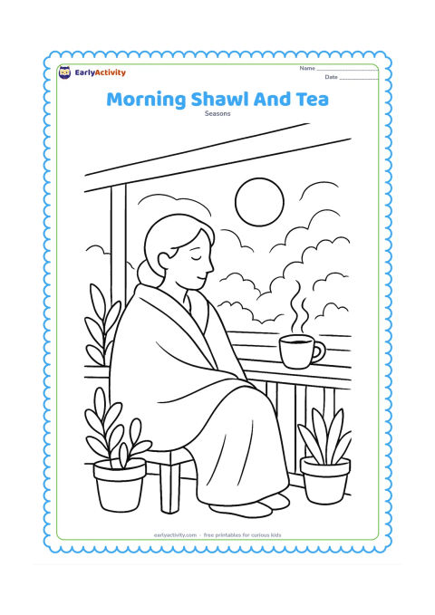 Colouring page: An adult wrapped in a shawl sits on a veranda beside a steaming cup, looking out at a cool morning garden. Add potted plants, a low railing and a small sun behind mist.