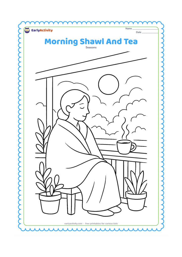 Colouring page: An adult wrapped in a shawl sits on a veranda beside a steaming cup, looking out at a cool morning garden. Add potted plants, a low railing and a small sun behind mist.