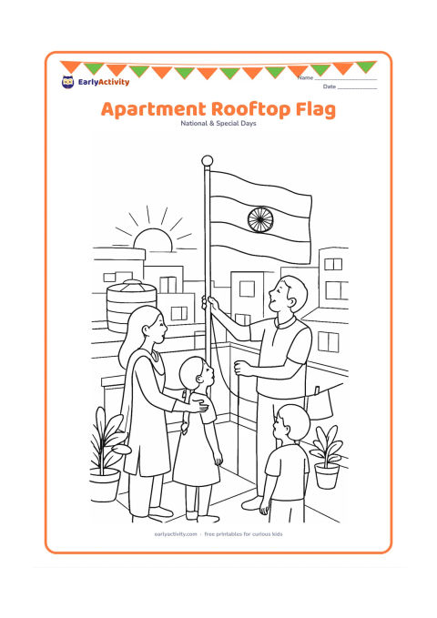 Colouring page: Draw families on an apartment rooftop at sunrise preparing a respectful Republic Day display with an Indian flag on a tall stand. Include water tanks, potted plants, clotheslines without…