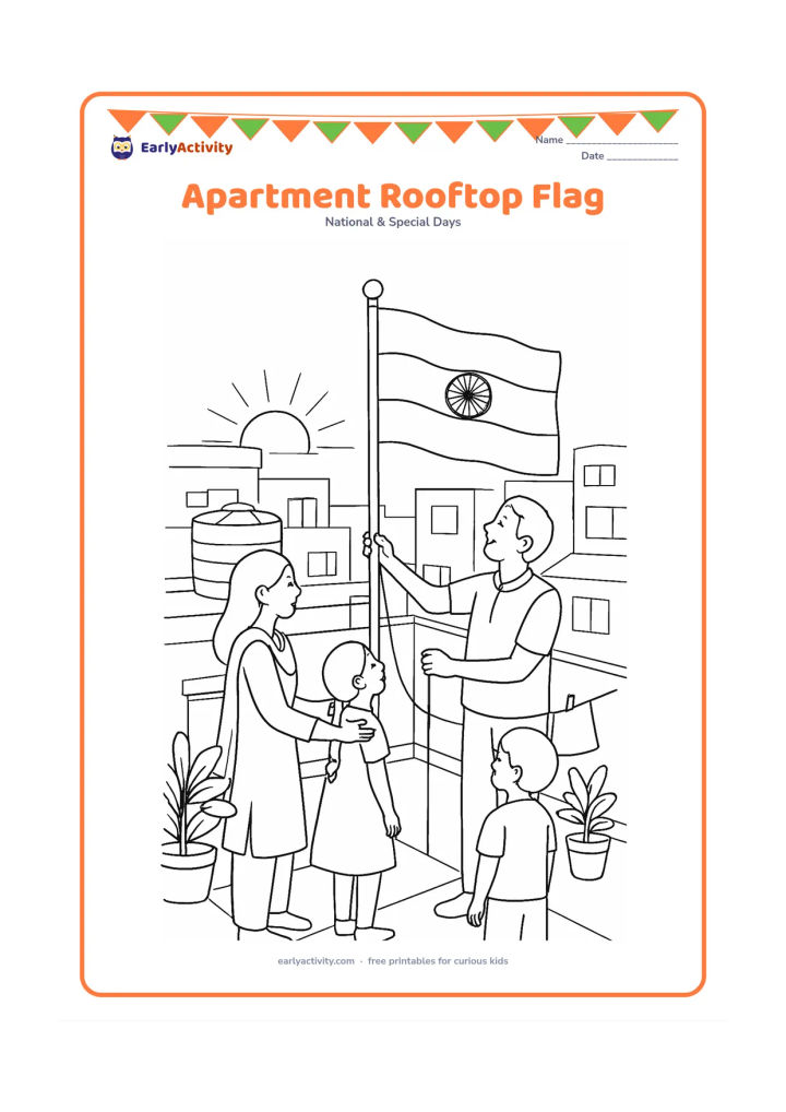 Colouring page: Draw families on an apartment rooftop at sunrise preparing a respectful Republic Day display with an Indian flag on a tall stand. Include water tanks, potted plants, clotheslines without…