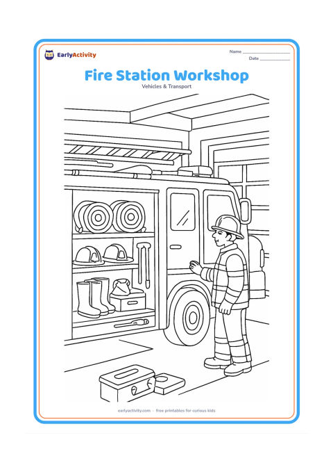 Colouring page: Draw a detailed fire engine inside a station workshop with its side compartment open. Show neatly arranged hoses, helmets, boots, a toolbox, spare equipment and a firefighter checking…