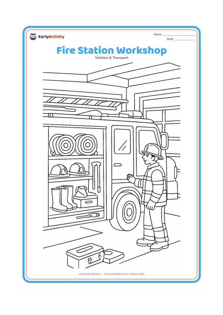 Colouring page: Draw a detailed fire engine inside a station workshop with its side compartment open. Show neatly arranged hoses, helmets, boots, a toolbox, spare equipment and a firefighter checking…