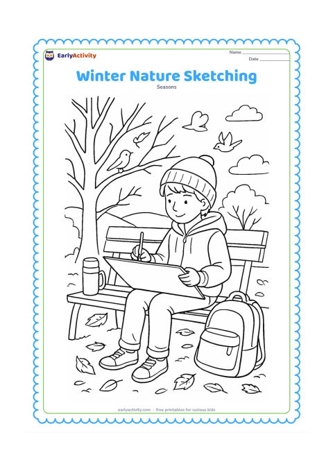 Colouring page: An older child sits on a park bench in a jacket and sketches bare trees, birds and fallen leaves on a blank drawing pad. Include a thermos, a backpack, distant hills and long morning…