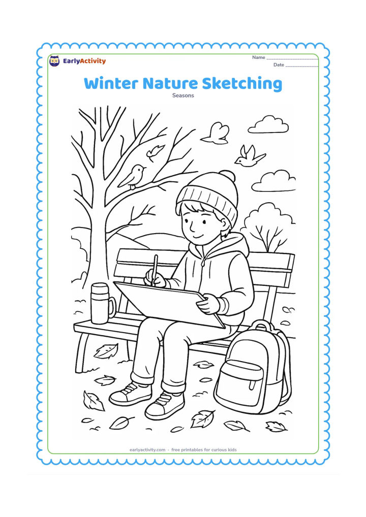 Colouring page: An older child sits on a park bench in a jacket and sketches bare trees, birds and fallen leaves on a blank drawing pad. Include a thermos, a backpack, distant hills and long morning…