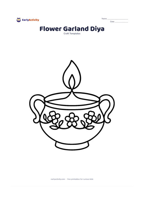 Worksheet: A decorative diya has a chain of simple flowers and leaves running along its rim, with two curved side handles and one flame.