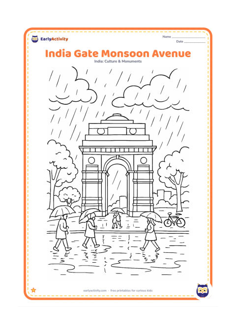 Colouring page: Draw India Gate during the monsoon with rain clouds, wet pavement, puddle reflections, leafy trees and people carrying umbrellas. Include a few parked bicycles and distant buildings…