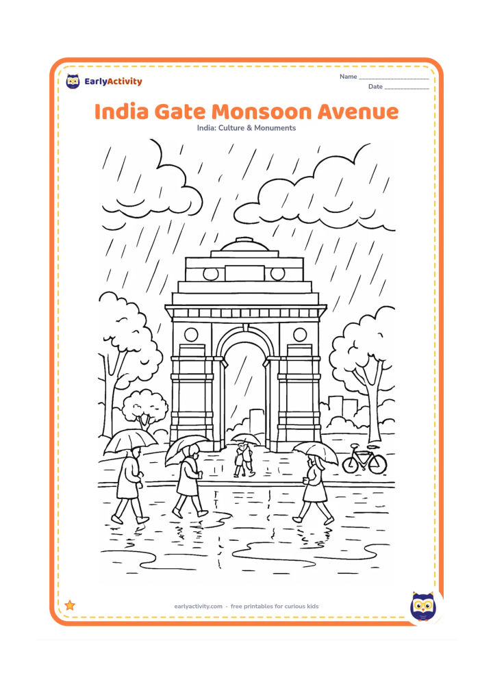 Colouring page: Draw India Gate during the monsoon with rain clouds, wet pavement, puddle reflections, leafy trees and people carrying umbrellas. Include a few parked bicycles and distant buildings…