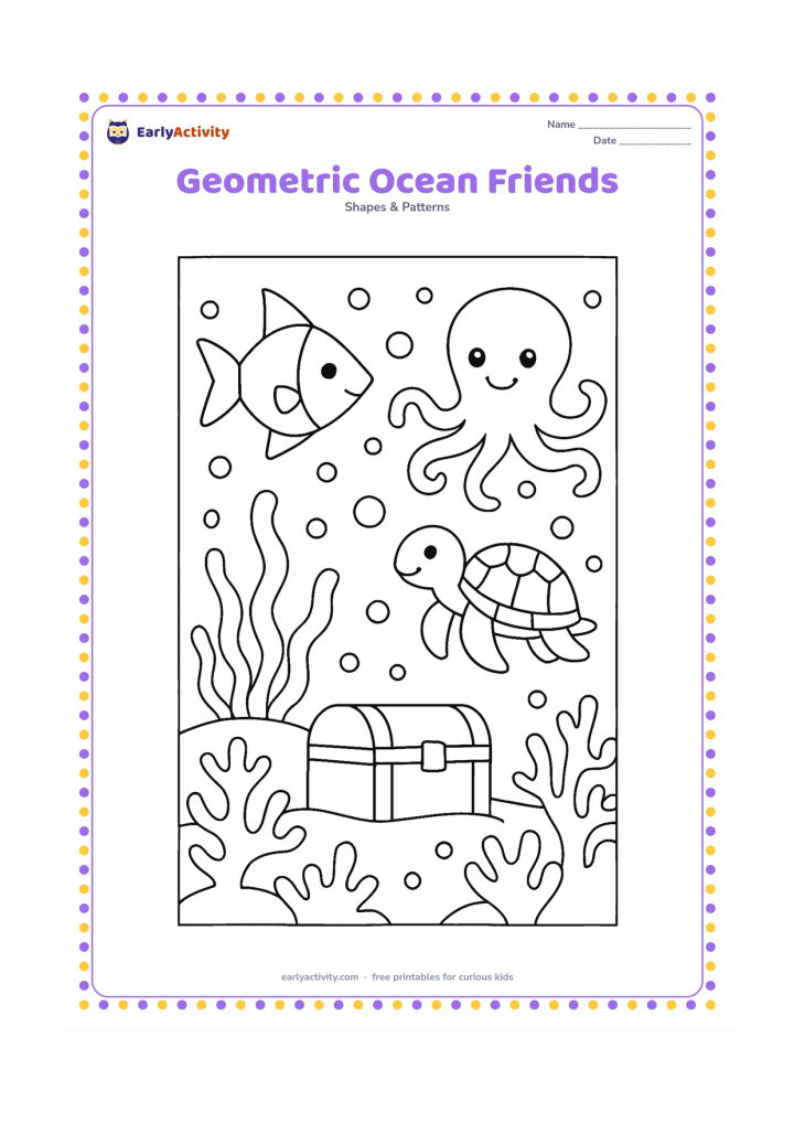 Colouring page: Draw a friendly underwater scene with a fish made from circles and triangles, an octopus with rounded shapes, a turtle with a patterned shell and a rectangular treasure chest without…