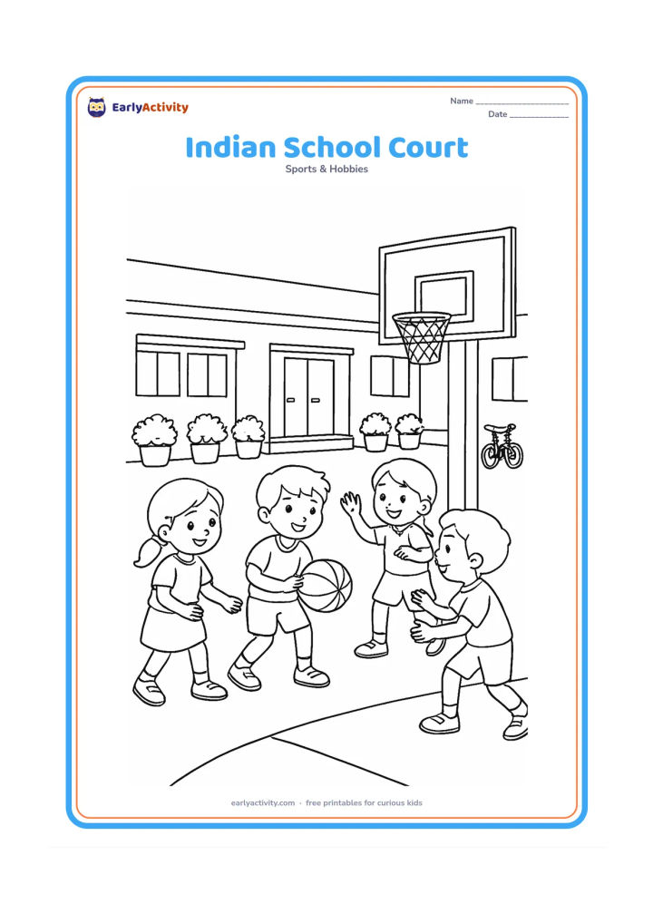 Colouring page: Children play basketball in a school courtyard in India, with a hoop, court boundary, low school building, potted plants, and a bicycle parked safely at the side. Avoid signs, writing,…
