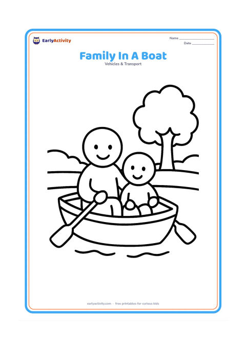 Colouring page: Draw a parent and child sitting safely inside a simple rowboat on a quiet lake, with one oar on each side. Add a low shoreline and a large tree behind them.