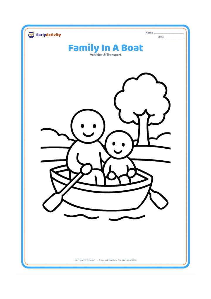 Colouring page: Draw a parent and child sitting safely inside a simple rowboat on a quiet lake, with one oar on each side. Add a low shoreline and a large tree behind them.