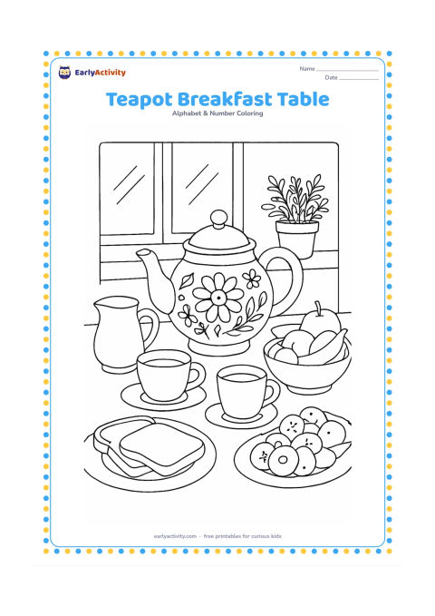 Colouring page: Draw a family breakfast table with a decorated teapot, cups, toast, fruit, a milk jug, and a plate of snacks, with a window showing morning light and potted herbs behind it. Arrange the…