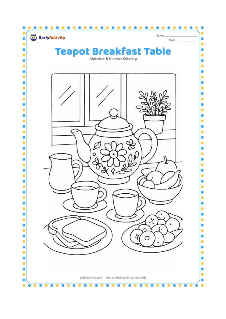 Colouring page: Draw a family breakfast table with a decorated teapot, cups, toast, fruit, a milk jug, and a plate of snacks, with a window showing morning light and potted herbs behind it. Arrange the…
