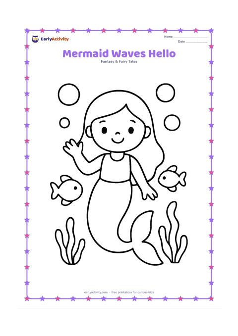 Colouring page: A friendly mermaid floats upright and waves one hand while her large tail curves gently below. Place a few oversized bubbles, two round fish and simple seaweed in the background.
