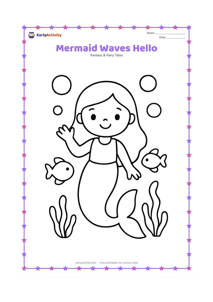 Colouring page: A friendly mermaid floats upright and waves one hand while her large tail curves gently below. Place a few oversized bubbles, two round fish and simple seaweed in the background.