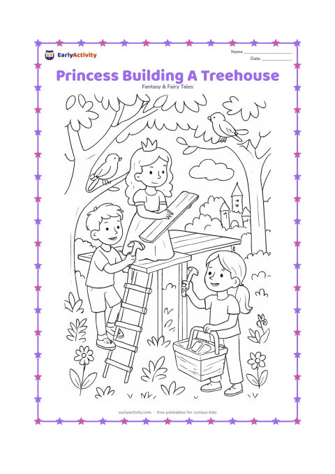 Colouring page: Draw a princess and two friends working together on a treehouse platform in a leafy forest. Show a rope ladder, wooden boards, a tool basket, birds, woodland flowers, and a distant…