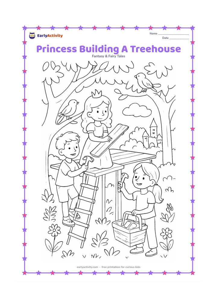 Colouring page: Draw a princess and two friends working together on a treehouse platform in a leafy forest. Show a rope ladder, wooden boards, a tool basket, birds, woodland flowers, and a distant…
