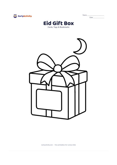 Worksheet: A large wrapped gift box with a wide ribbon and bow, placed beneath a small crescent moon. Leave a clear blank panel on the box for a child to decorate.