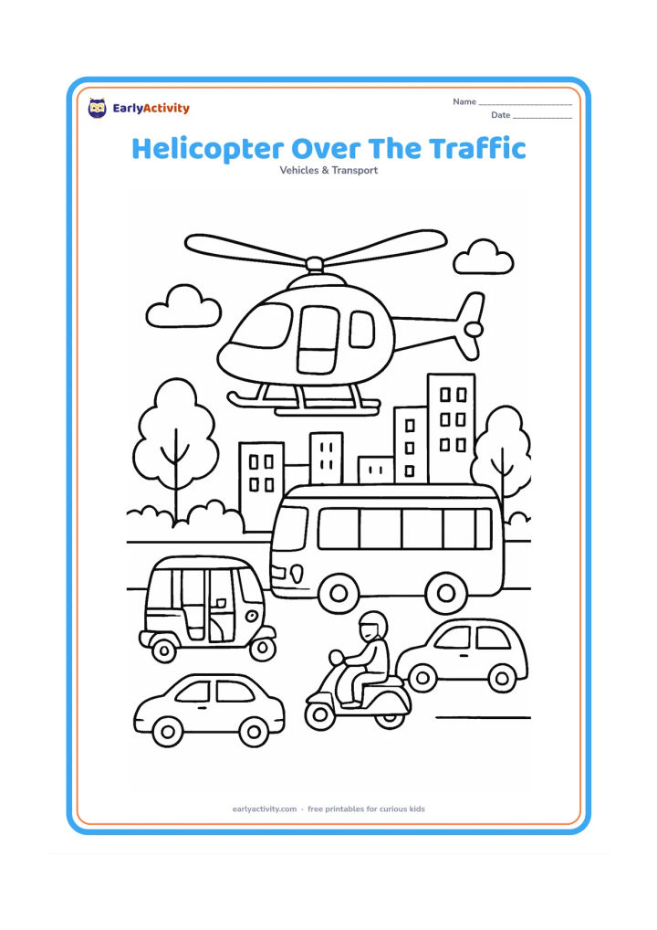 Colouring page: Draw a helicopter flying above a busy Indian road with an auto-rickshaw, bus, scooter and several cars below. Add trees and simple city buildings in the background.