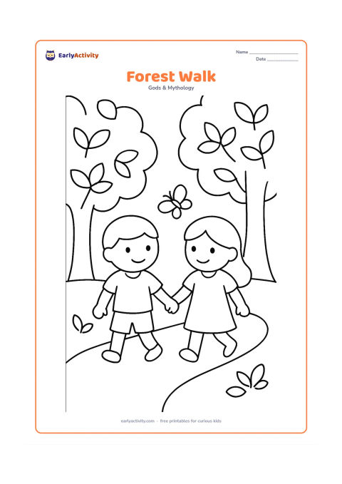 Colouring page: Ram and Sita walk hand in hand along a curved path through a gentle forest, with three large trees, leaves, and a butterfly.