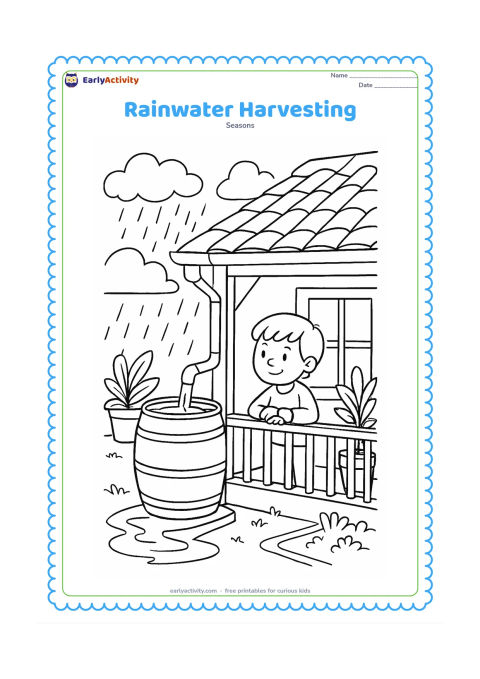 Colouring page: Rain runs from a house roof through a gutter into a large storage barrel, while a child observes from a covered veranda. Include potted plants, a courtyard puddle, roof tiles, clouds and…