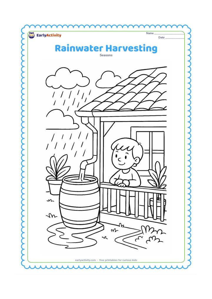 Colouring page: Rain runs from a house roof through a gutter into a large storage barrel, while a child observes from a covered veranda. Include potted plants, a courtyard puddle, roof tiles, clouds and…