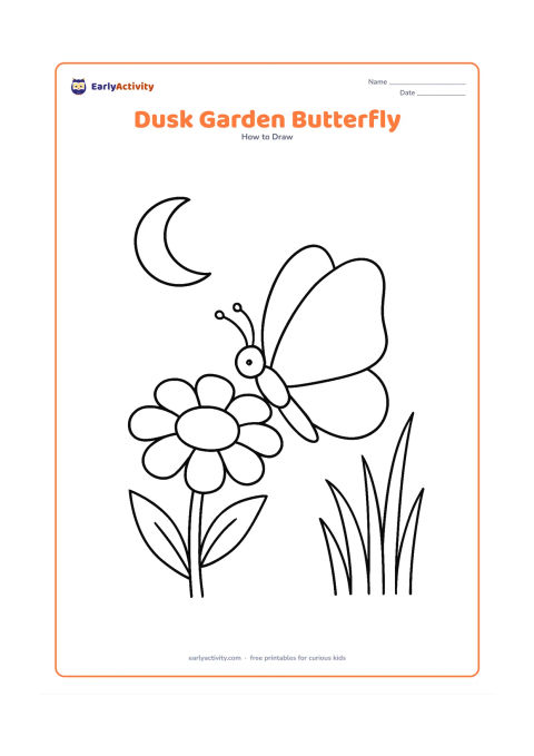 Worksheet: Show a butterfly settling on a large evening flower beside tall grass and a low crescent-shaped moon. The butterfly has open plain wings and a clear body with antennae.