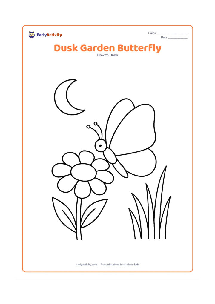 Worksheet: Show a butterfly settling on a large evening flower beside tall grass and a low crescent-shaped moon. The butterfly has open plain wings and a clear body with antennae.