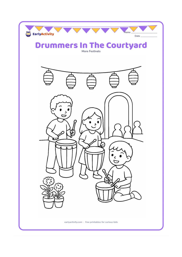 Colouring page: Draw three children playing different festival drums in an open courtyard, with lantern strings overhead, potted marigolds, a doorway and a small seated audience. Show the children in…