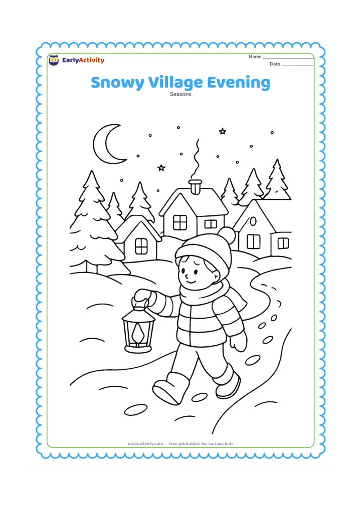 Colouring page: A bundled child carries a lantern along a snowy path through a small village at evening. Include several cottages without signs, glowing window shapes, pine trees, footprints and a…