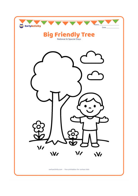 Colouring page: Draw one large leafy tree with a sturdy trunk, a few clouds, grass, two flowers and a smiling child standing beside it with arms open. Keep the composition spacious and centered.