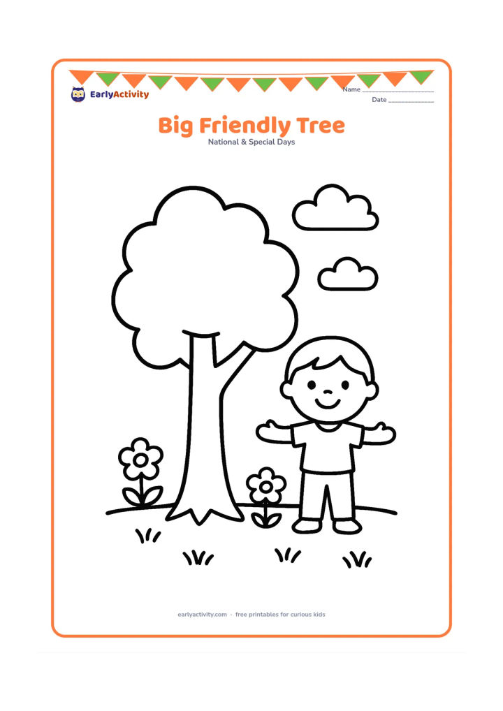Colouring page: Draw one large leafy tree with a sturdy trunk, a few clouds, grass, two flowers and a smiling child standing beside it with arms open. Keep the composition spacious and centered.