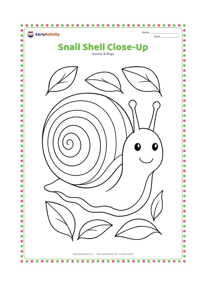 Colouring page: Draw a close-up snail portrait with the shell dominating the page, showing several concentric growth bands and a clear spiral. Include the head, feelers and a few soft leaf shapes around…