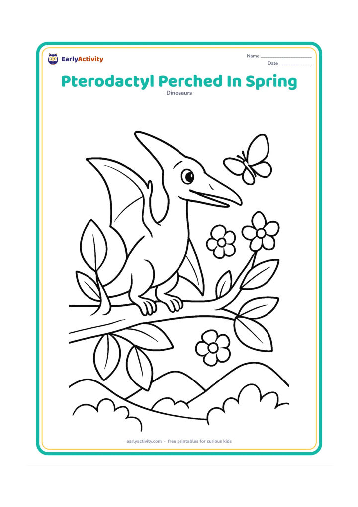 Colouring page: Draw a pterodactyl perched on a sturdy branch surrounded by large spring leaves and simple blossoms, with a small butterfly nearby and low hills behind.