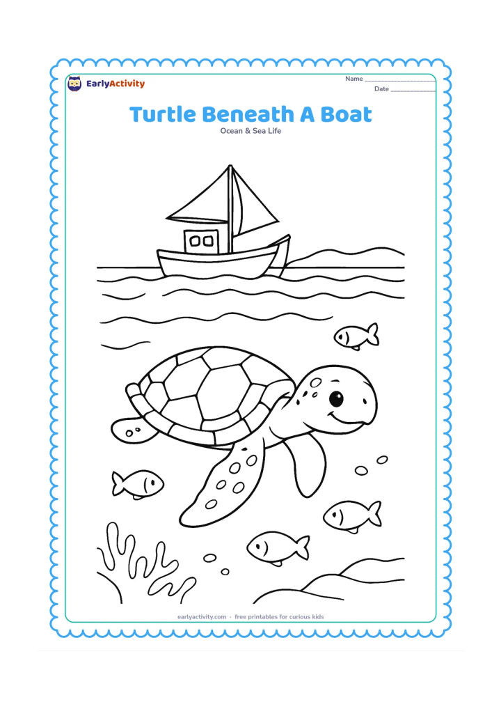 Colouring page: Draw a sea turtle swimming below a small traditional fishing boat kept far above the waterline, with soft waves, a distant coast, and a few fish.