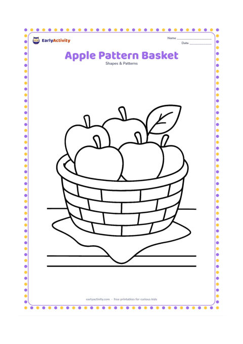 Colouring page: Draw a wide basket holding large apples arranged in an alternating row pattern, with a simple cloth beneath it. Add one broad leaf and a plain kitchen table edge.