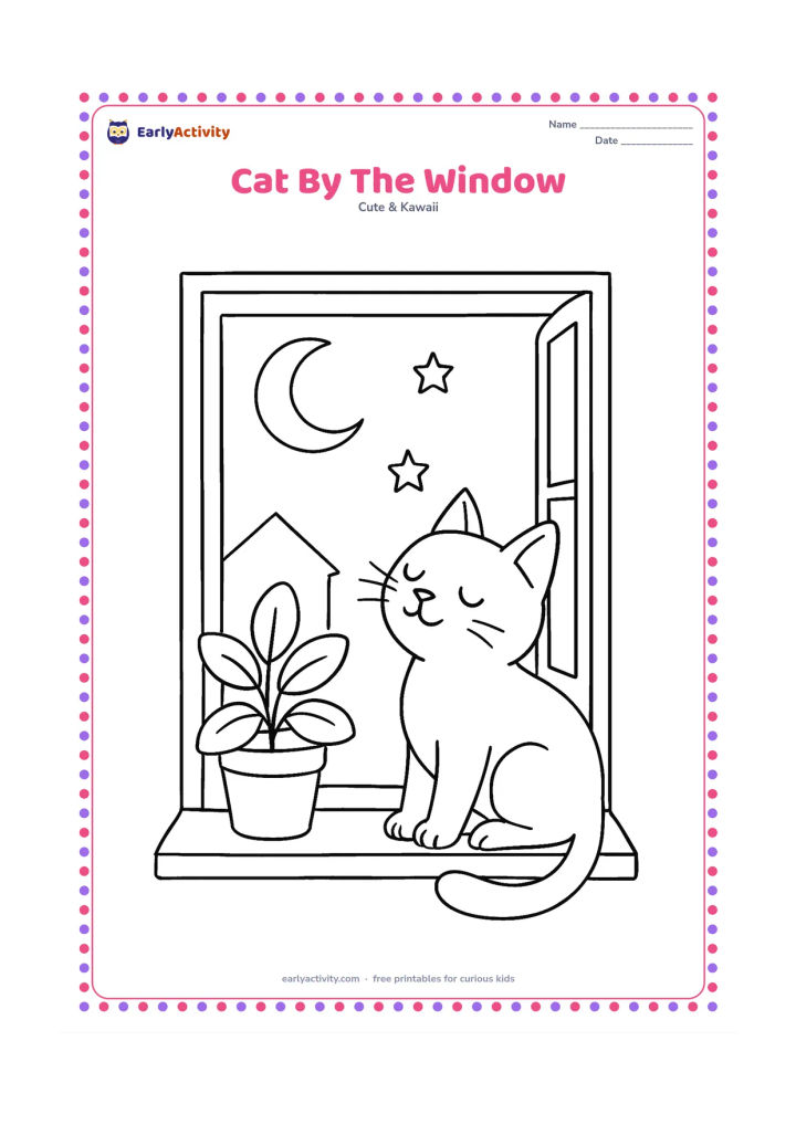 Colouring page: A contented cat sits on a windowsill looking at a potted plant. Through the open window, show a crescent moon, two stars and the outline of a quiet rooftop.