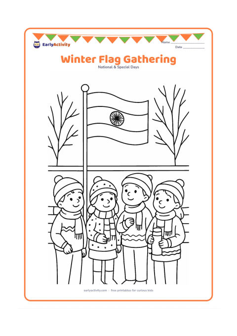 Colouring page: A group of children in sweaters gather outdoors around an Indian flag during a cool winter morning. Include scarves, a thermos, bare tree branches and a low school wall.
